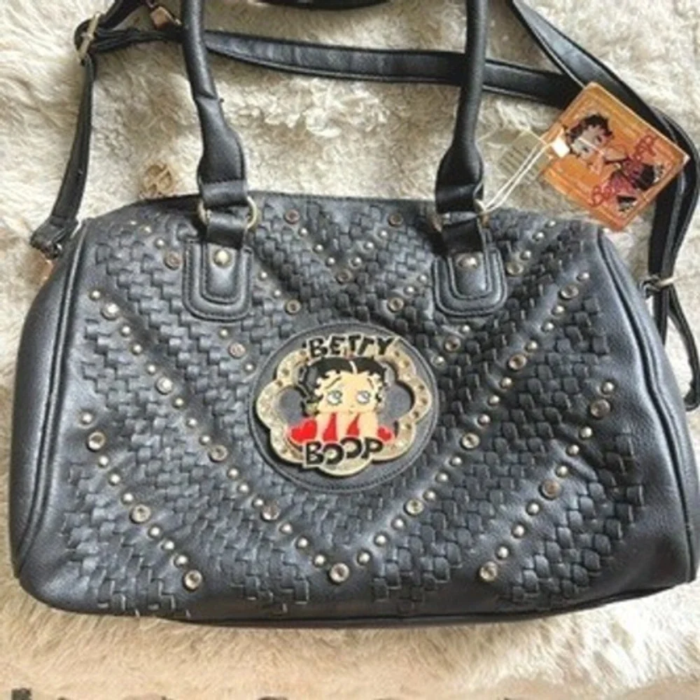 Betty Boop Black Woven Faux Leather Studded Satchel Crossbody Bag Y2K Retro